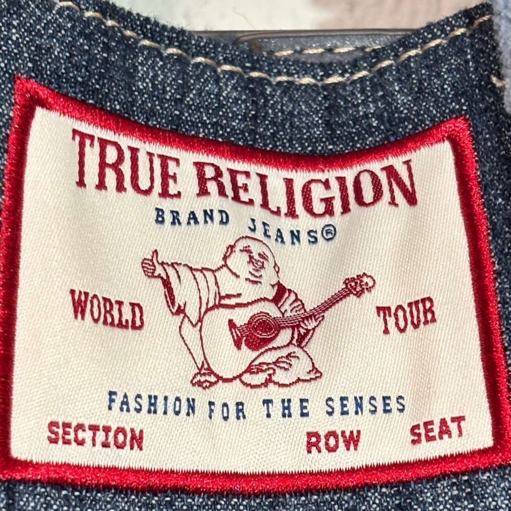 True Religion Denim Tote Bag Frayed Trim Blue Dark Wash Y2K Buddha World Tour - Picture 3 of 15